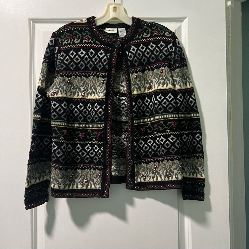 Vintage Women’s Cherokee Size Medium Fair Isle Button Up Cardigan Grandma Core